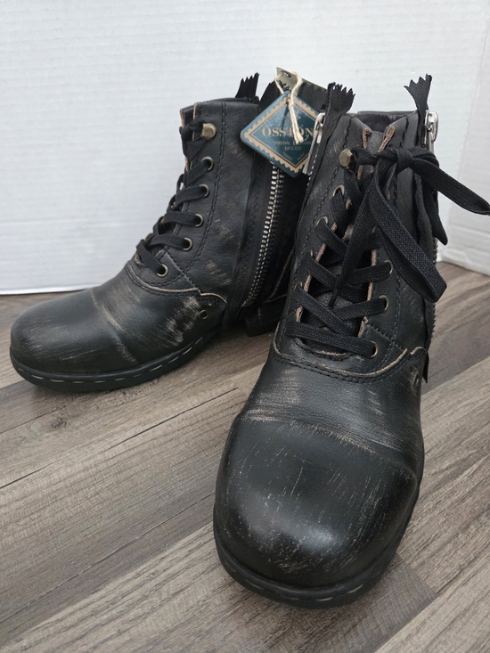 Men\'s Osstone Moto Distressed Black Lace-Up Ankle Boots with Side Zip Sz 8